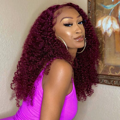 50%+Extra $100 OFF : 99j Burgundy Hair 13x4 HD Lace Kinky Curly Lace Front Wig - Flash Sale, Only 2 Days - GeetaHair