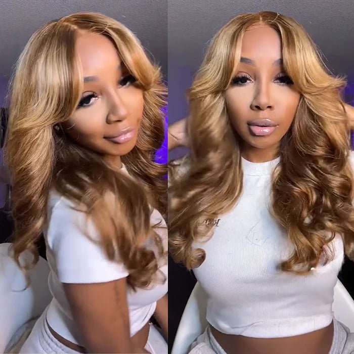 Curtain Bangs Glueless Wigs Honey Blonde Body Wave Wear Go HD Lace Wig 180% Density - GeetaHair