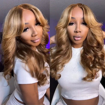 Curtain Bangs Glueless Wigs Honey Blonde Body Wave Wear Go HD Lace Wig 180% Density - GeetaHair