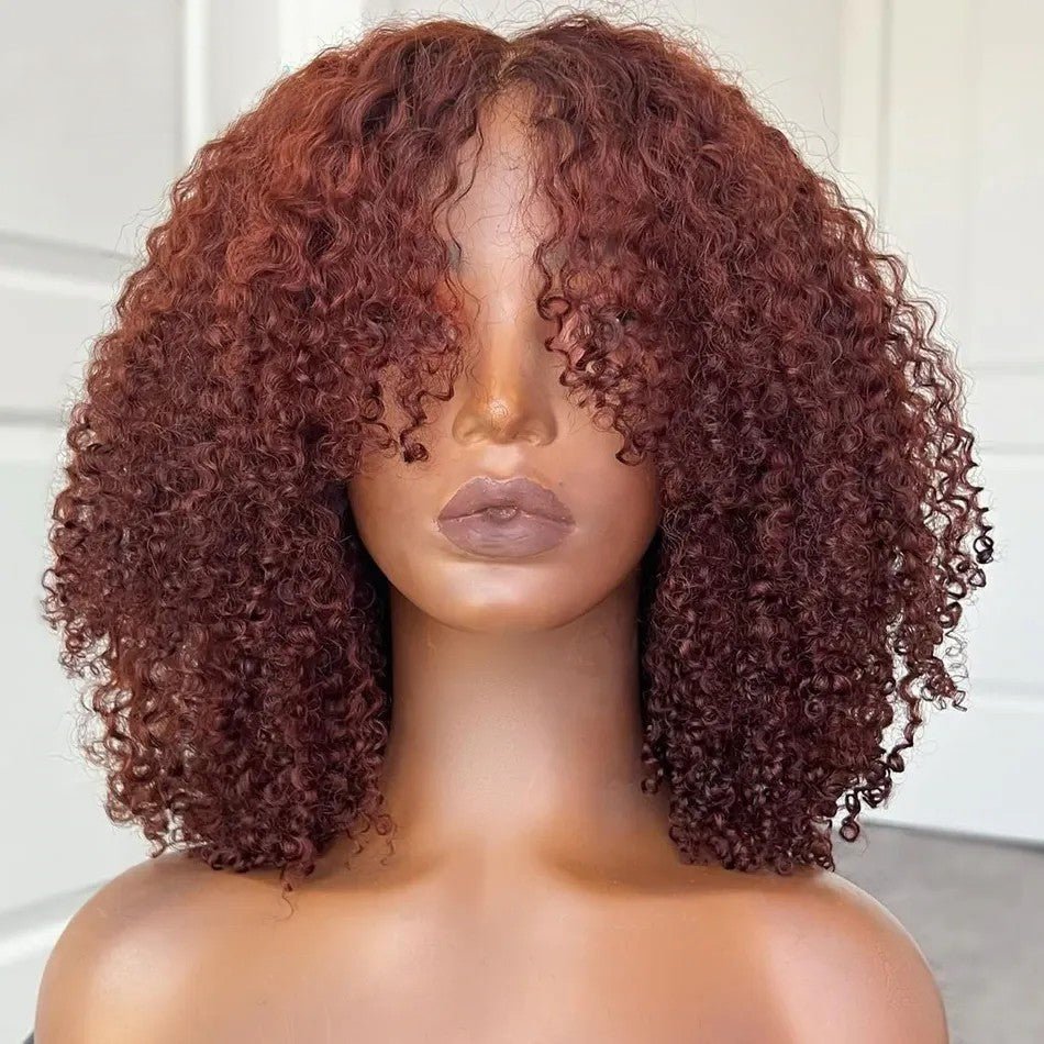 Curtain Bangs Glueless Wig Reddish Brown Human Hair Wig Copper Red Afro Kinky Curly Wig - GeetaHair
