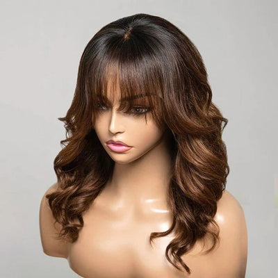 Curtain Bangs Glueless Wigs Layered Cut Wavy Brown Ombre Colored Wig 180% Density Bleached Knots Natural Hairline - GeetaHair