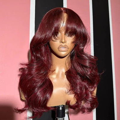 Geeta Curtain Bangs Glueless Wigs 99J Burgundy Body Wave Human Hair Wig Wear Go HD Lace Wig - GeetaHair