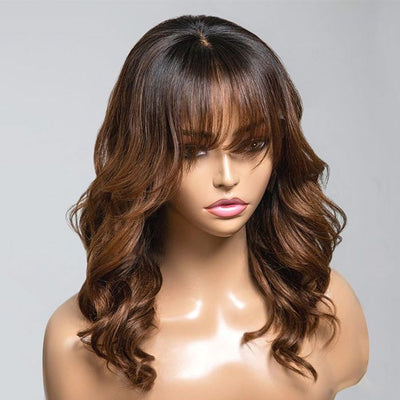 Curtain Bangs Glueless Wigs Layered Cut Wavy Brown Ombre Colored Wig 180% Density Bleached Knots Natural Hairline - GeetaHair