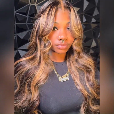 Curtain Bangs Honey Blonde Body Wave Lace Front Wigs Highlight Brown HD Lace Human Hair Wigs - GeetaHair
