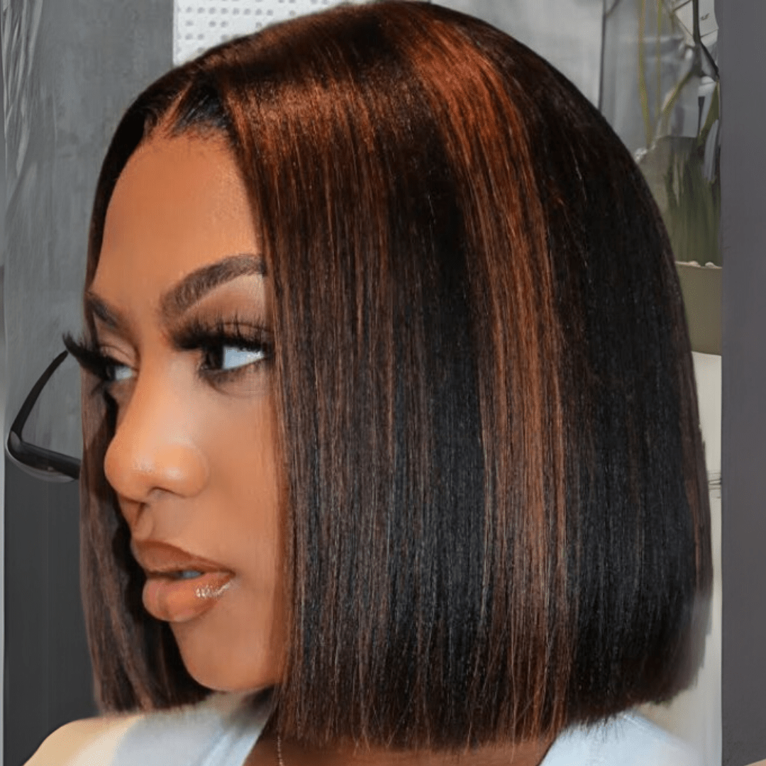 Brown Highlight Bob Wig Human Hair 13x4 Bone Straight Lace Front Wigs Human Hair 250% Density No Code Needed - GeetaHair