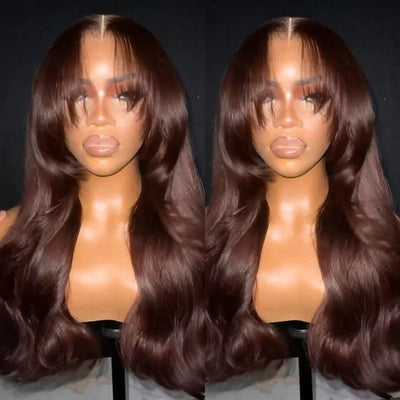 Curtain Bangs Glueless Wigs Body Wave Lace Front Wig Brown Colored Wig 180% Density - GeetaHair