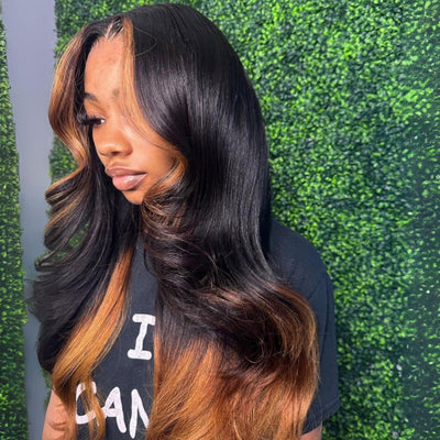 Curtain Bangs Ombre Brown Glueless Wigs T1B/27 Body Wave 13x4 Lace Front Wigs Ombre Pre Plucked Human Hair Wigs - GeetaHair