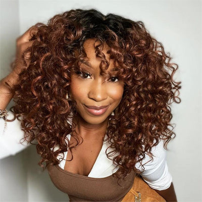 Geeta 300% Density Lazy Girl Glueless Wigs Ginger Brown Bouncy Wave 13x4 Lace Front Human Hair Wigs Brown Black Hair Root Curly Wig With Bangs - GeetaHair