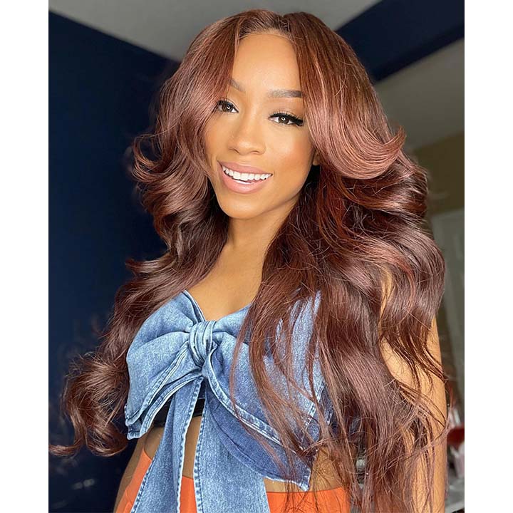 Curtain Bangs Glueless Wigs Body Wave Lace Front Wig Brown Colored Wig 180% Density - GeetaHair