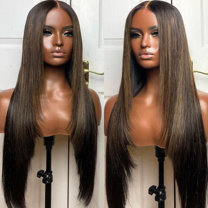 Put On&Go Light Brown With Blonde Straight Glueless 5x5 HD Lace Wig With bangs Highlight Colored Easy to Wear Human Hair Wigs - Geeta Hair - GeetaHair