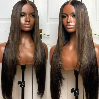 Put On&Go Light Brown With Blonde Straight Glueless 5x5 HD Lace Wig With bangs Highlight Colored Easy to Wear Human Hair Wigs - Geeta Hair - GeetaHair