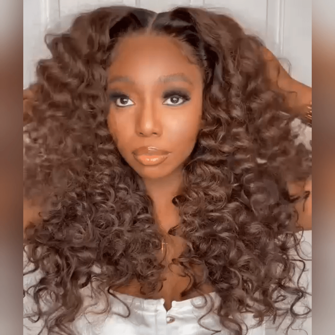 Brown With Black Roots Deep Curly Lace Front Wig Ombre #4 Brown Curly Human Hair Wigs - GeetaHair