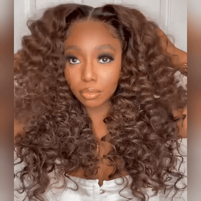 Brown With Black Roots Deep Curly Lace Front Wig Ombre #4 Brown Curly Human Hair Wigs - GeetaHair