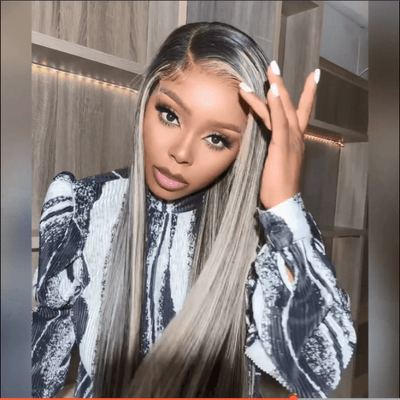 Glueless Platinum Gray Highlight Silky Straight Human Hair Wigs - Geeta Hair - GeetaHair