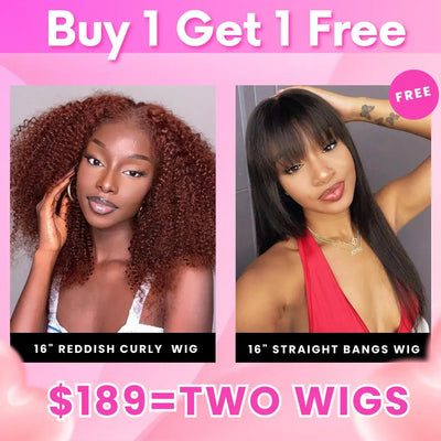 Bogo Sale: $189= 16" Reddish Brown Curly Wig + 16" Straight Bangs Wig - GeetaHair