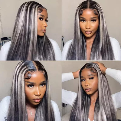 Platinum Gray Highlight 13x4 HD Lace Wig Straight Hair Black With Blond Highlights Lace Front Wig Plucked Natural Hairline With Baby Hair - Geeta Hair - GeetaHair