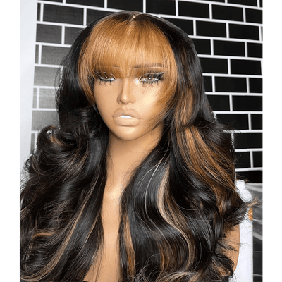 Highlight Body Wave Wig with Blonde Bangs Fringe 13X4 Frontal Wig Pre Plucked Human Hair Wig - GeetaHair