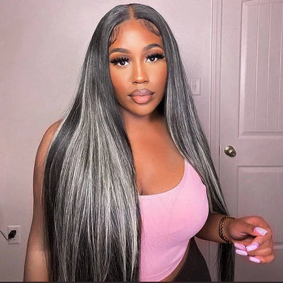 Platinum Gray Highlight 13x4 HD Lace Wig Straight Hair Black With Blond Highlights Lace Front Wig Plucked Natural Hairline With Baby Hair - Geeta Hair - GeetaHair