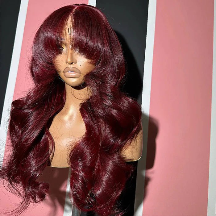 Geeta Curtain Bangs Glueless Wigs 99J Burgundy Body Wave Human Hair Wig Wear Go HD Lace Wig - GeetaHair