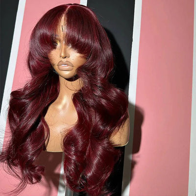 Geeta Curtain Bangs Glueless Wigs 99J Burgundy Body Wave Human Hair Wig Wear Go HD Lace Wig - GeetaHair