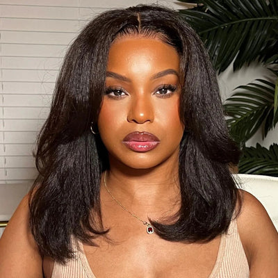 Layer Cut Natural Hairline Kinky Straight Short Bob Wigs 13x4 Lace Front Human Hair Wigs Wear Go Glueless Wigs - GeetaHair