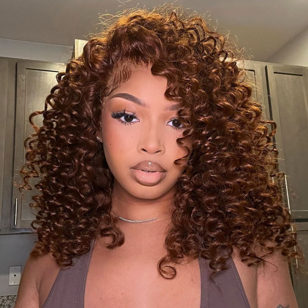 Chocolate Reddish Brown Ready To Wear Glueless Wigs Bouncy Curl 13x4 Lace Front Human Hair Wig Pre Plucked 250% Density - GeetaHair
