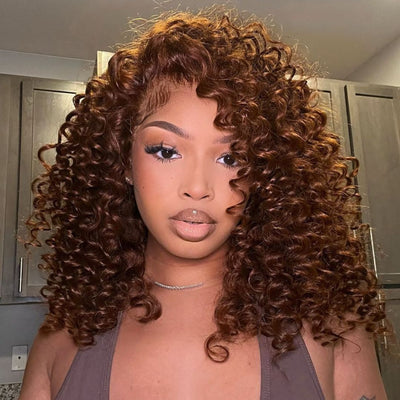 Chocolate Reddish Brown Ready To Wear Glueless Wigs Bouncy Curl 13x4 Lace Front Human Hair Wig Pre Plucked 250% Density - GeetaHair