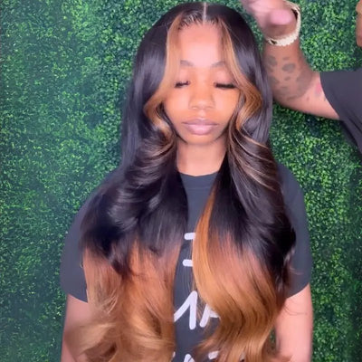 Curtain Bangs Ombre Brown Glueless Wigs T1B/27 Body Wave 13x4 Lace Front Wigs Ombre Pre Plucked Human Hair Wigs - GeetaHair