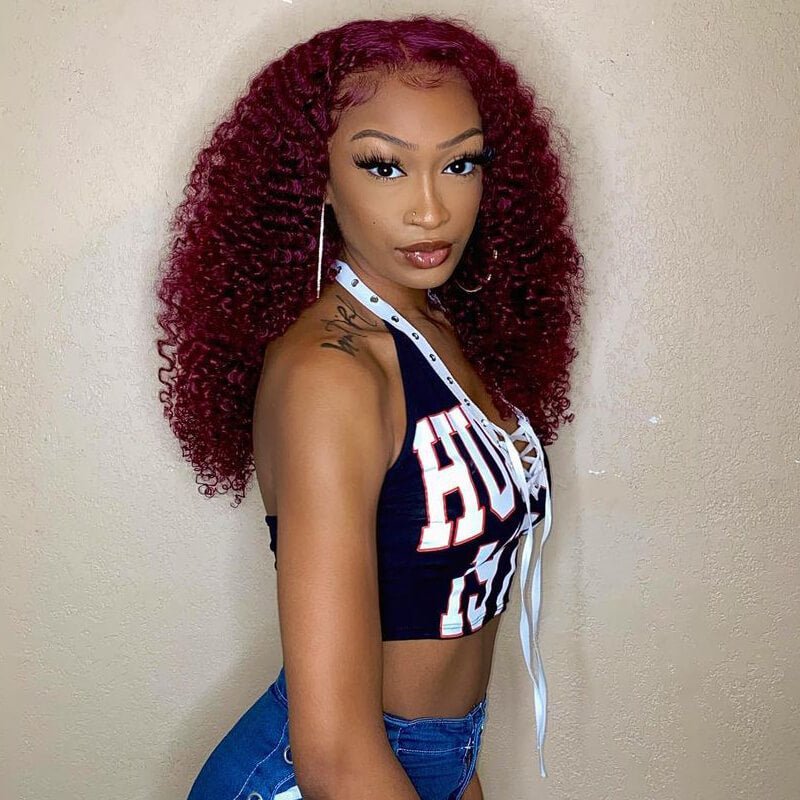 50%+Extra $100 OFF : 99j Burgundy Hair 13x4 HD Lace Kinky Curly Lace Front Wig - Flash Sale, Only 2 Days - GeetaHair