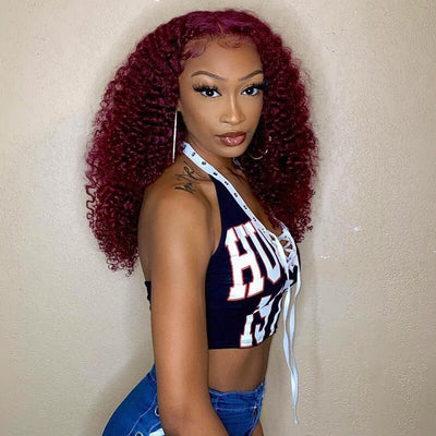 50%+Extra $100 OFF : 99j Burgundy Hair 13x4 HD Lace Kinky Curly Lace Front Wig - Flash Sale, Only 2 Days - GeetaHair
