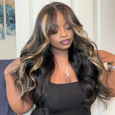 Curtain Bangs Highlight Honey Blonde Lace Wig Body Wave Glueless Wigs Human Hair 180% Density - GeetaHair