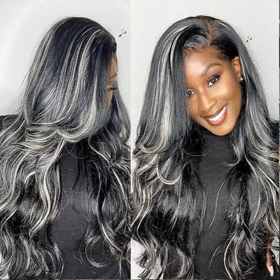 Glueless Platinum Gray Highlight Silky Straight Human Hair Wigs - Geeta Hair - GeetaHair