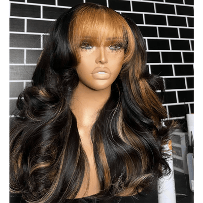Highlight Body Wave Wig with Blonde Bangs Fringe 13X4 Frontal Wig Pre Plucked Human Hair Wig - GeetaHair