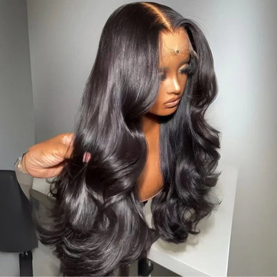 Geeta 300% Density Lazy Girl Glueless Wigs Body Wave Curtin Bangs 13x4 Lace Front Human Hair Wigs Pre Bleached Knots - GeetaHair