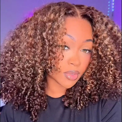 Wear And Go Glueless Wigs Highlight Brown Kinky Curly Bob Wigs Short Curly Human Hair 13x4 Lace Front Wig Pre Plucked 250% Density No Code Needed - GeetaHair