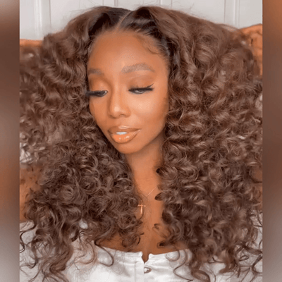 Brown With Black Roots Deep Curly Lace Front Wig Ombre #4 Brown Curly Human Hair Wigs - GeetaHair