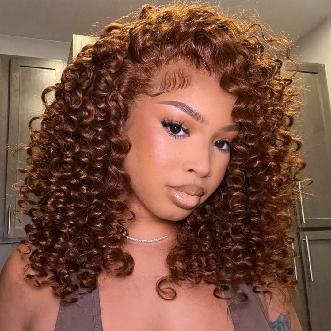 Chocolate Reddish Brown Ready To Wear Glueless Wigs Bouncy Curl 13x4 Lace Front Human Hair Wig Pre Plucked 250% Density - GeetaHair