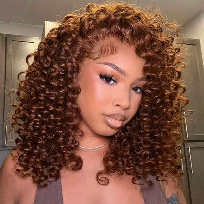 Chocolate Reddish Brown Ready To Wear Glueless Wigs Bouncy Curl 13x4 Lace Front Human Hair Wig Pre Plucked 250% Density - GeetaHair