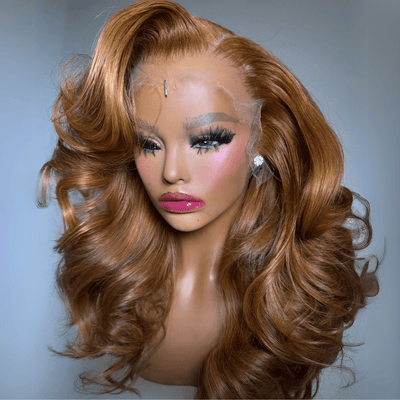 Ombre Dark Golden Blonde Colored Wigs 3D Body Wave 13x4 Transparent Lace Frontal Wig Pre Plucked 250% Density - GeetaHair