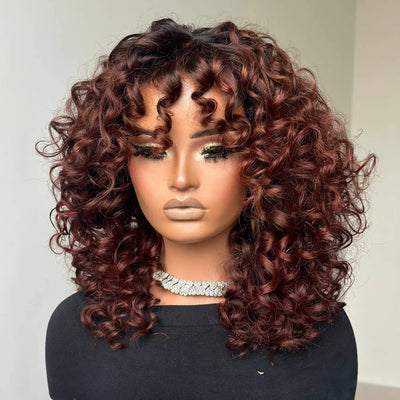 Geeta 300% Density Lazy Girl Glueless Wigs Ginger Brown Bouncy Wave 13x4 Lace Front Human Hair Wigs Brown Black Hair Root Curly Wig With Bangs - GeetaHair