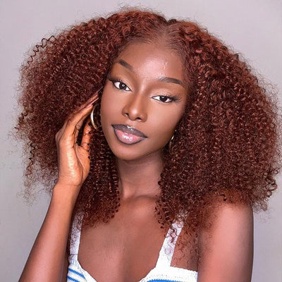 Pre Bleached Reddish Brown Afro Kinky Curly Lace Front Wigs Pre Blucked Glueless Wig 180% Density - GeetaHair