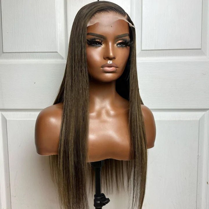 Put On&Go Light Brown With Blonde Straight Glueless 5x5 HD Lace Wig With bangs Highlight Colored Easy to Wear Human Hair Wigs - Geeta Hair - GeetaHair