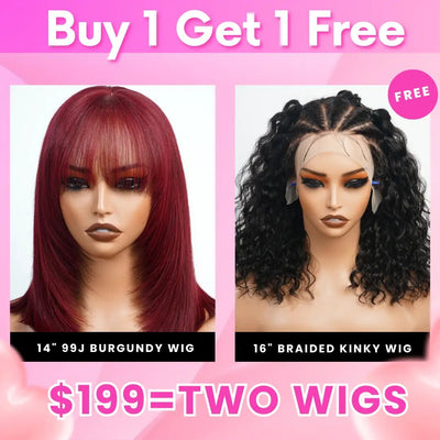 Bogo Sale $199= 16” Braided Water Wave Wig + 14” 99J Straight Bangs Wig - GeetaHair