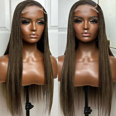 Put On&Go Light Brown With Blonde Straight Glueless 5x5 HD Lace Wig With bangs Highlight Colored Easy to Wear Human Hair Wigs - Geeta Hair - GeetaHair