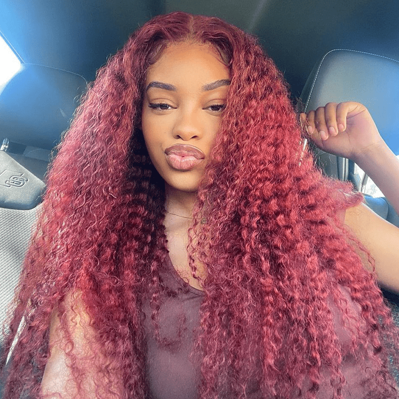 22"=$128 Burgundy 99J Curly Hair HD Lace Wig Pre Plucked Flash Sale - GeetaHair
