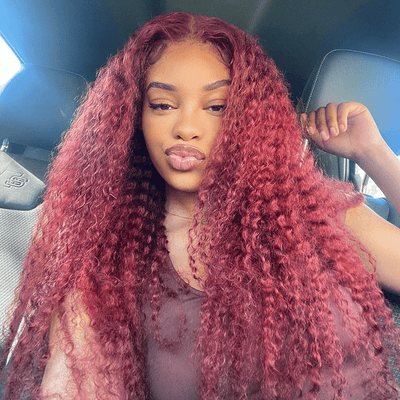 22"=$128 Burgundy 99J Curly Hair HD Lace Wig Pre Plucked Flash Sale - GeetaHair