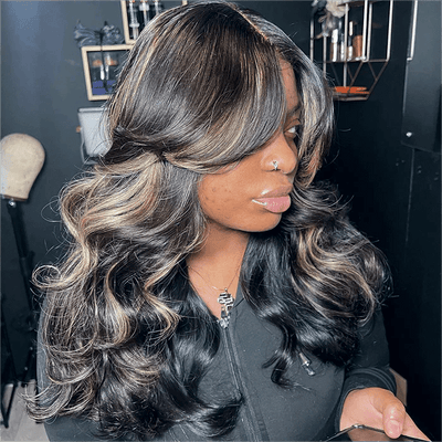 Curtain Bangs Highlight Honey Blonde Lace Wig Body Wave Glueless Wigs Human Hair 180% Density - GeetaHair