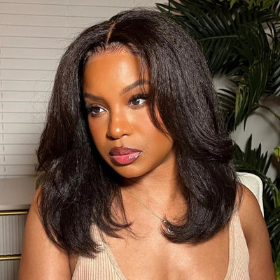 Layer Cut Natural Hairline Kinky Straight Short Bob Wigs 13x4 Lace Front Human Hair Wigs Wear Go Glueless Wigs - GeetaHair