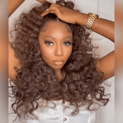 Brown With Black Roots Deep Curly Lace Front Wig Ombre #4 Brown Curly Human Hair Wigs - GeetaHair