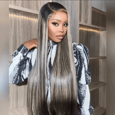 Glueless Platinum Gray Highlight Silky Straight Human Hair Wigs - Geeta Hair - GeetaHair